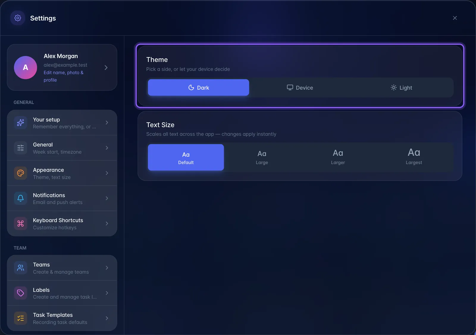 Settings → Appearance with the Theme switch (Dark, Device, Light) and the Text Size options Default, Large, Larger and Largest