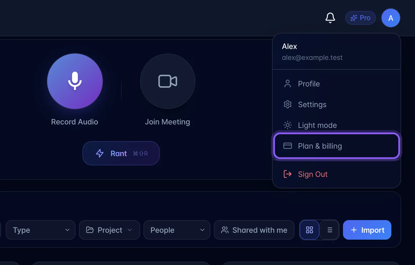 Profile menu open from the avatar at the top right, with Plan & billing highlighted next to the Pro plan badge