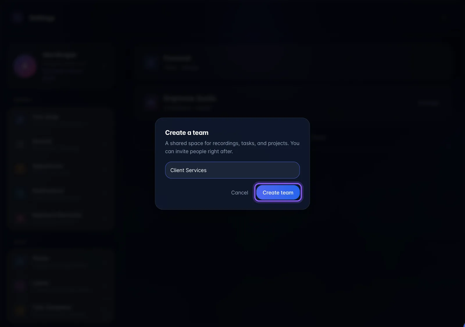 The Create a team dialog, with the name Client Services typed in
