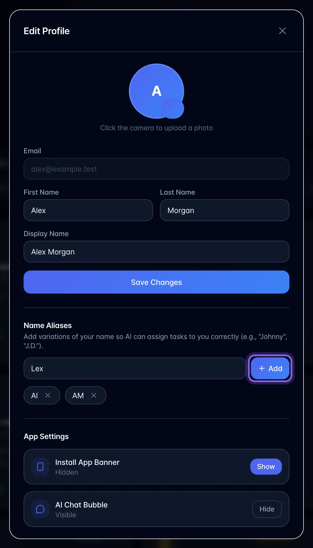 Edit Profile dialog with name fields, Save Changes, Name Aliases with two alias chips and an Add button, and App Settings switches