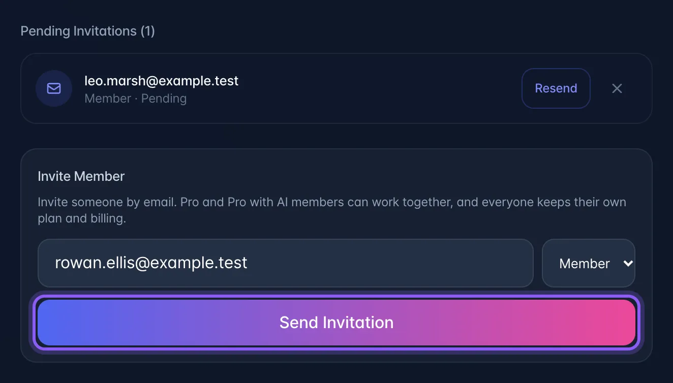 Manage Team dialog showing one pending invitation with Resend, and the Invite Member box with an email, a Member role picker and Send Invitation