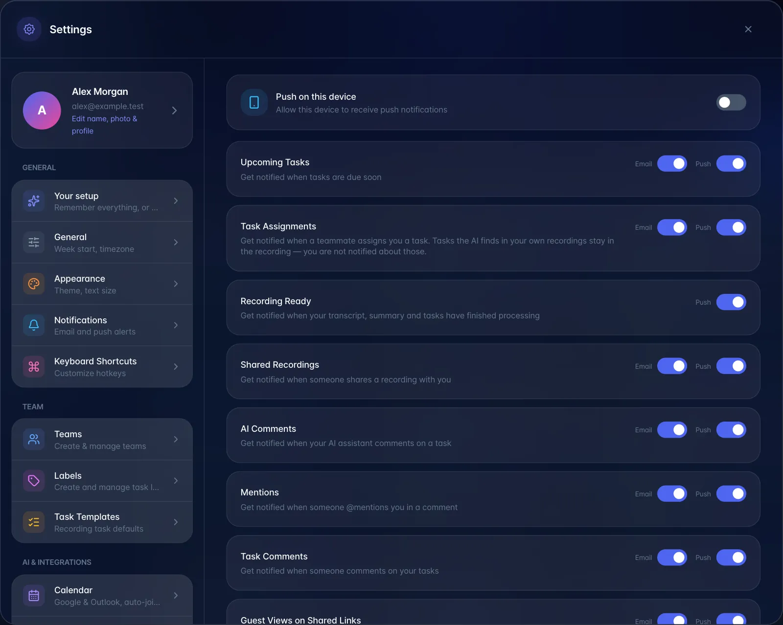 Settings → Notifications with the Push on this device switch and Email and Push switches for each notification category