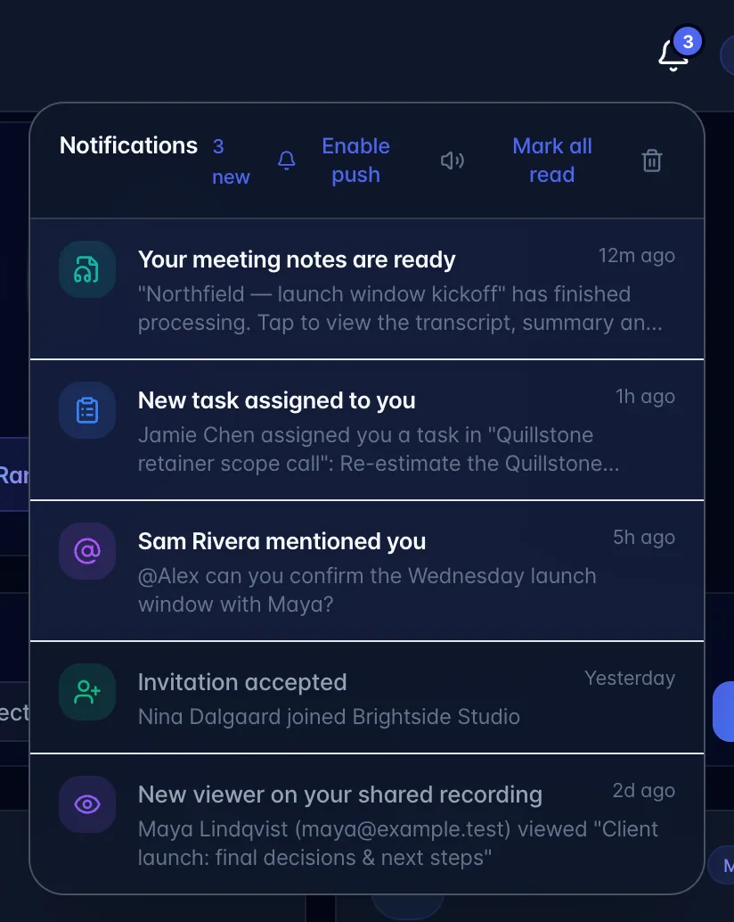 Notification bell open with 3 new notifications, the Enable push, chime, Mark all read and clear-all controls in its header