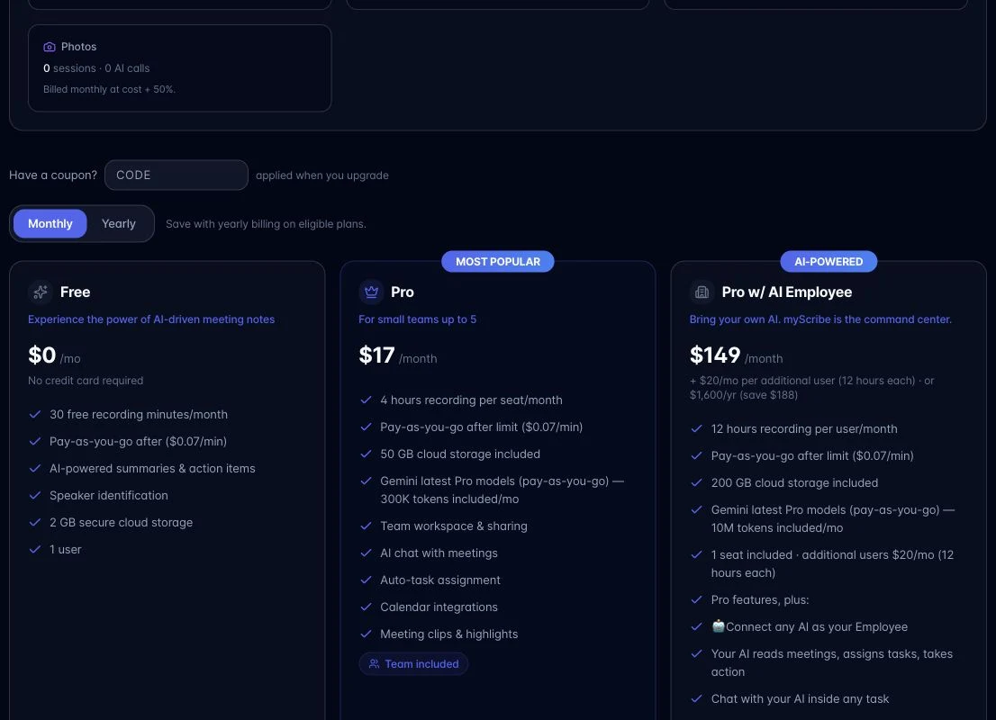 Plan cards for Free $0, Pro $17 and Pro w/ AI Employee $149, with the Monthly / Yearly switch above them