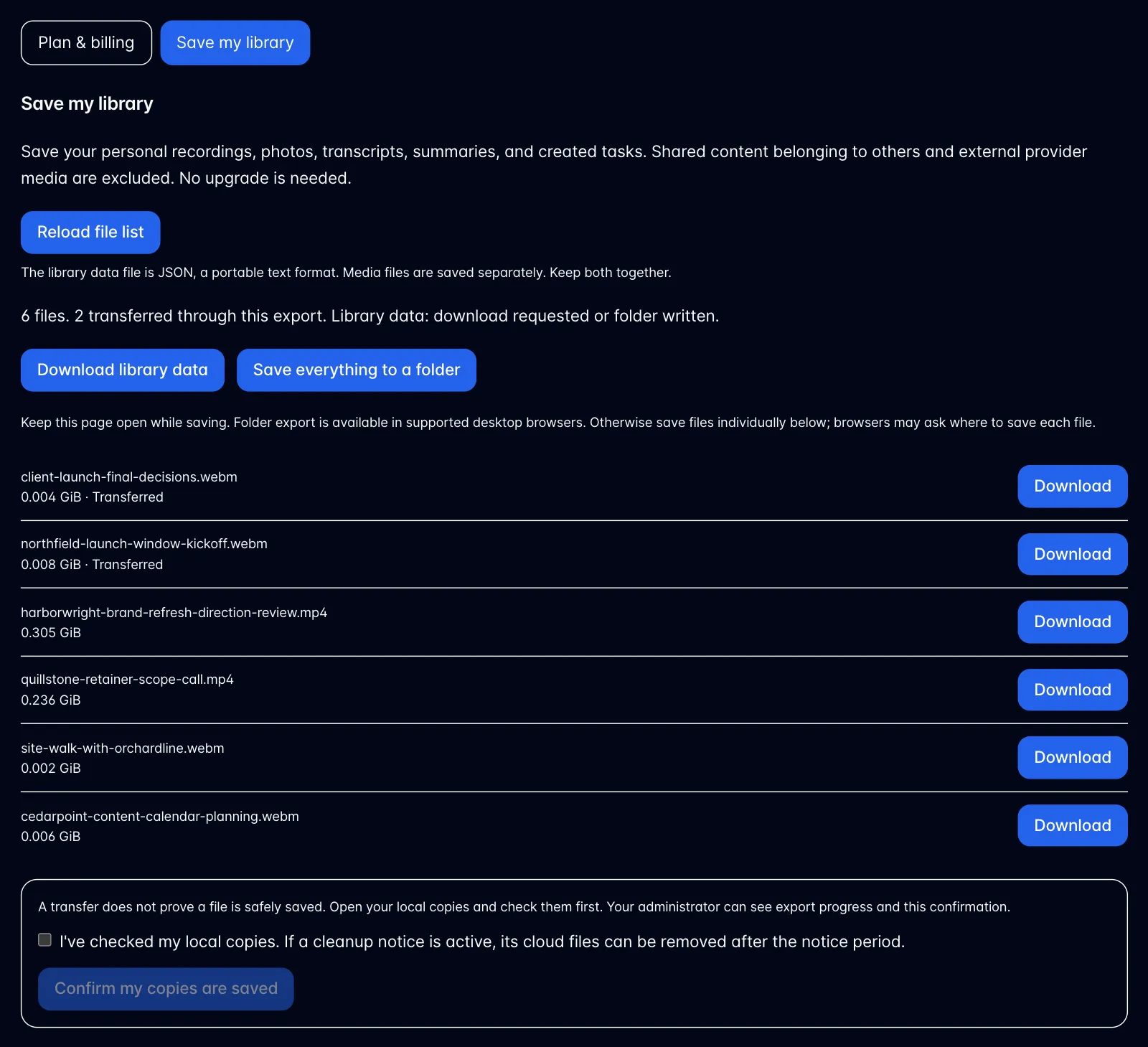 Save my library tab after Prepare my download: Download library data, Save everything to a folder, a list of files with Download buttons, and the Confirm my copies are saved checkbox and button