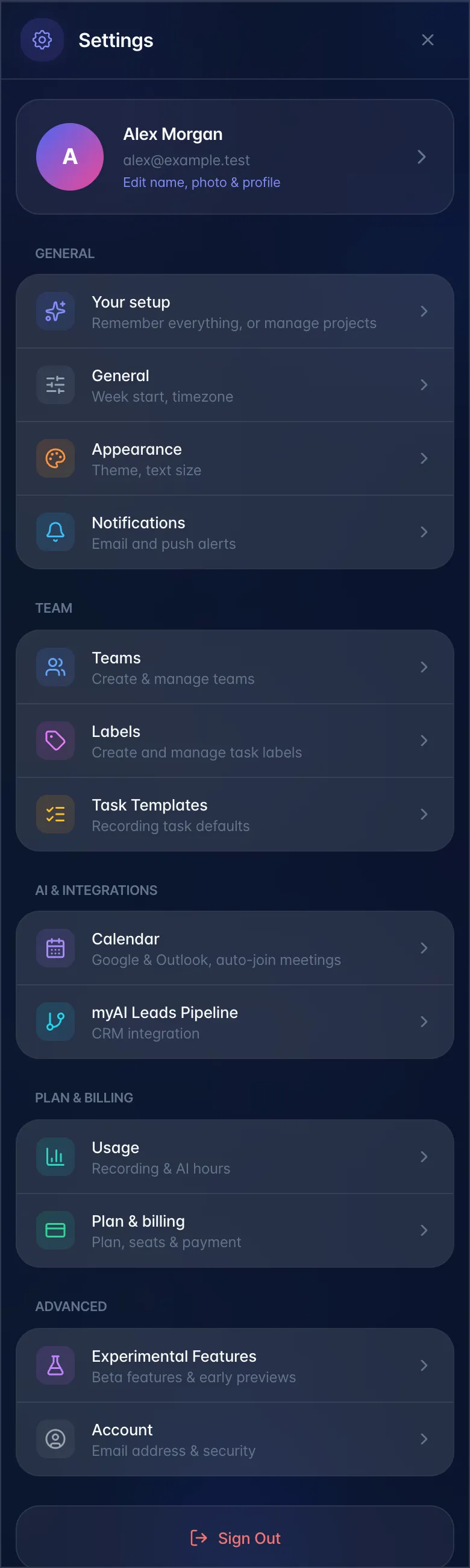 Settings on a phone, listing Appearance, Notifications, Teams, Usage, Plan & billing and Account