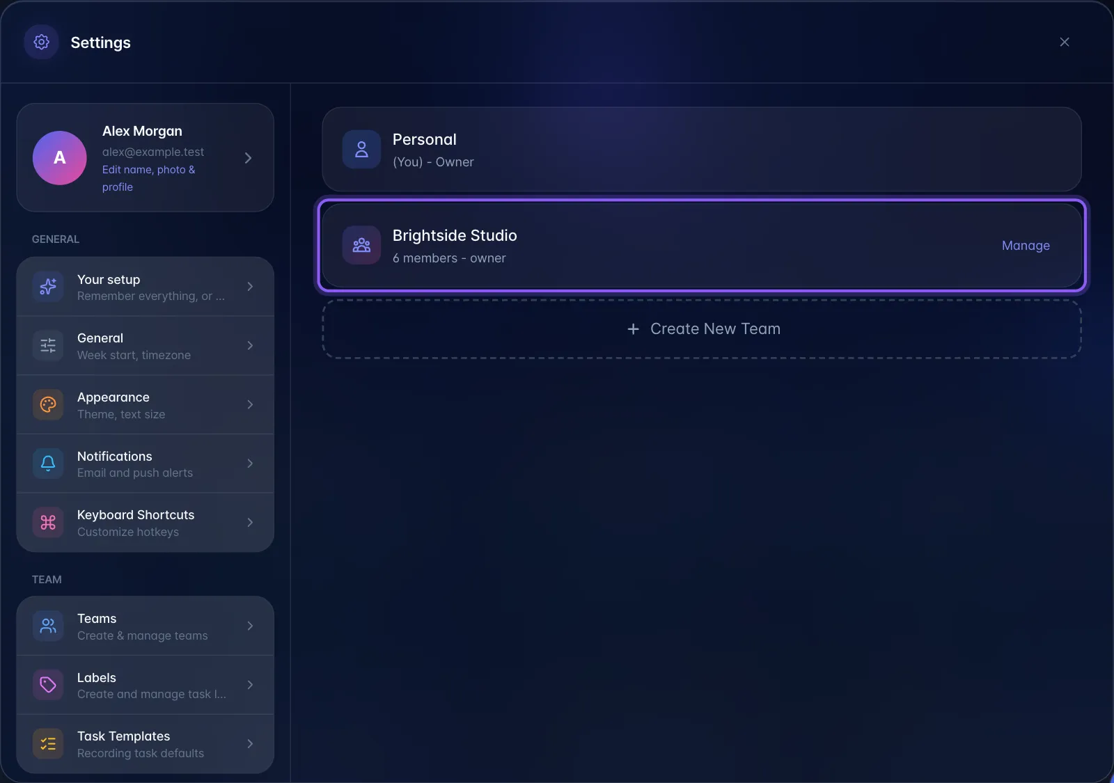 Settings → Teams listing the Personal area and the Brightside Studio team with 6 members and a Manage button