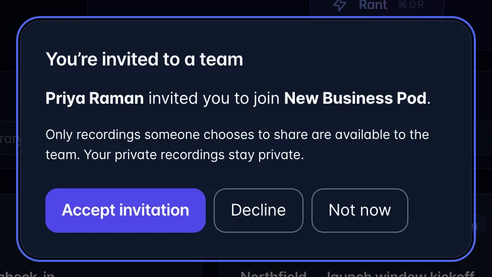 In-app prompt reading You're invited to a team, with Accept invitation, Decline and Not now buttons