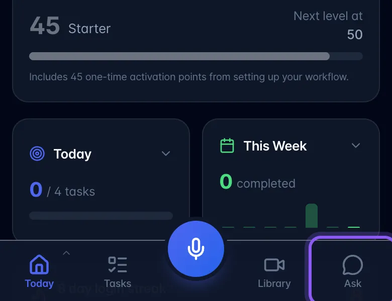 The phone tab bar with the Ask tab highlighted at the right end
