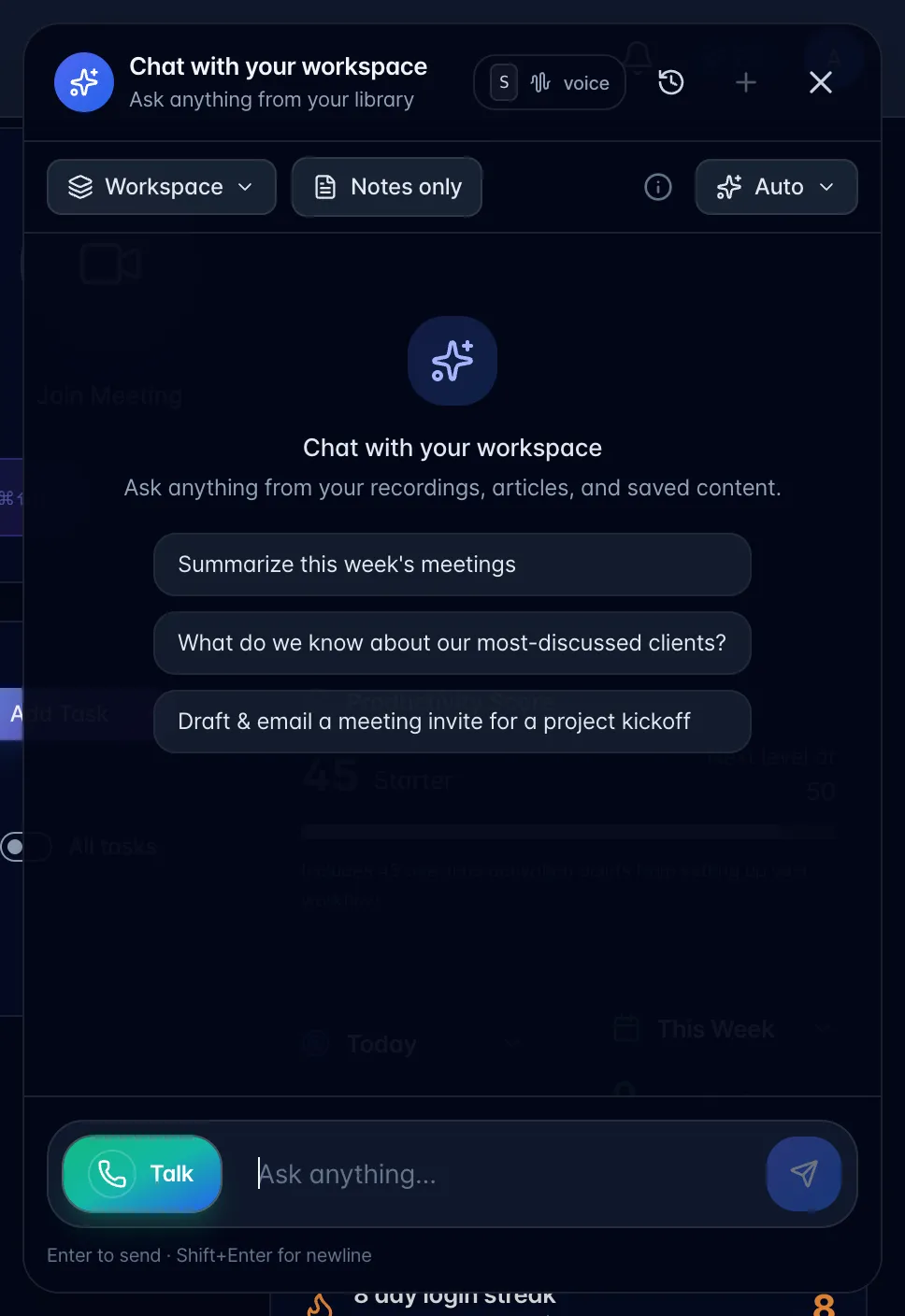 The Workspace chat panel open, with the Workspace scope, Notes only, the Auto model picker, suggested questions and the Talk button