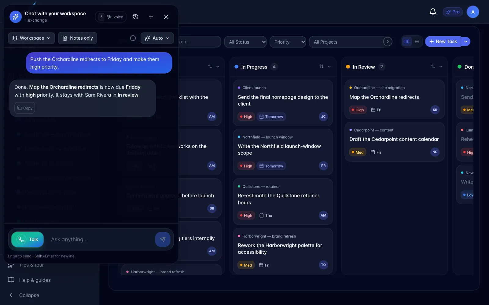 Workspace chat confirming a task was moved to Friday with high priority, with the updated card visible in the In Review column of the task board