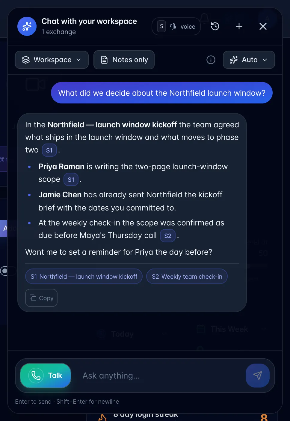 A workspace chat answer about the Northfield launch window, with S1 and S2 source chips under it and a Copy button