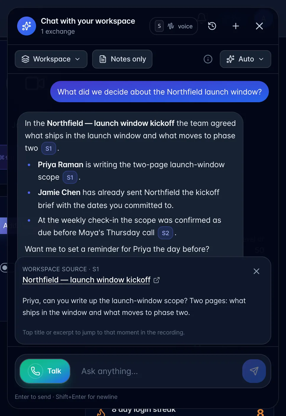 A chat answer with its S1 source card open, showing the recording title and the quoted excerpt
