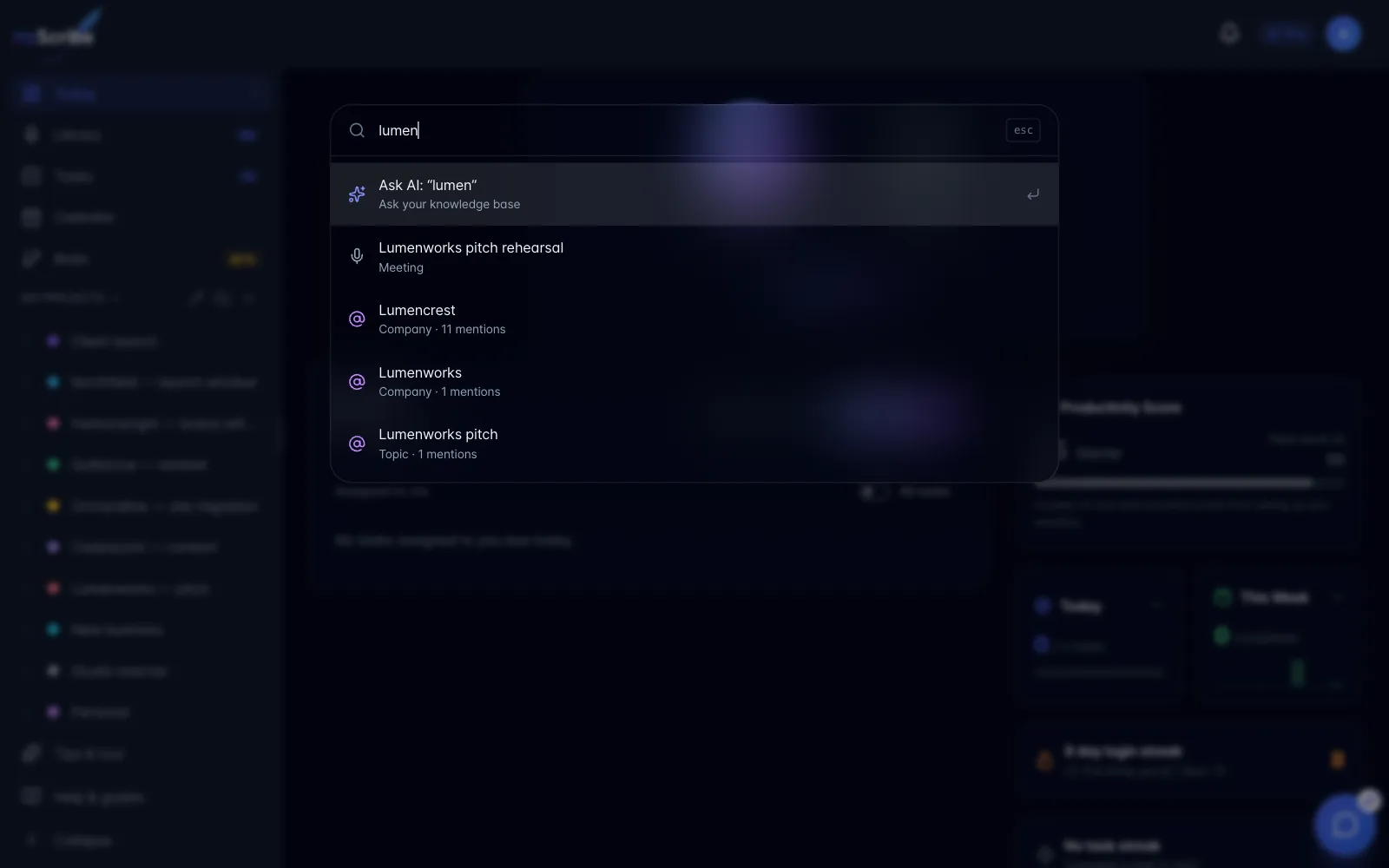 The command palette searching for lumen, with Ask AI first, a matching recording, and company and topic entities with mention counts