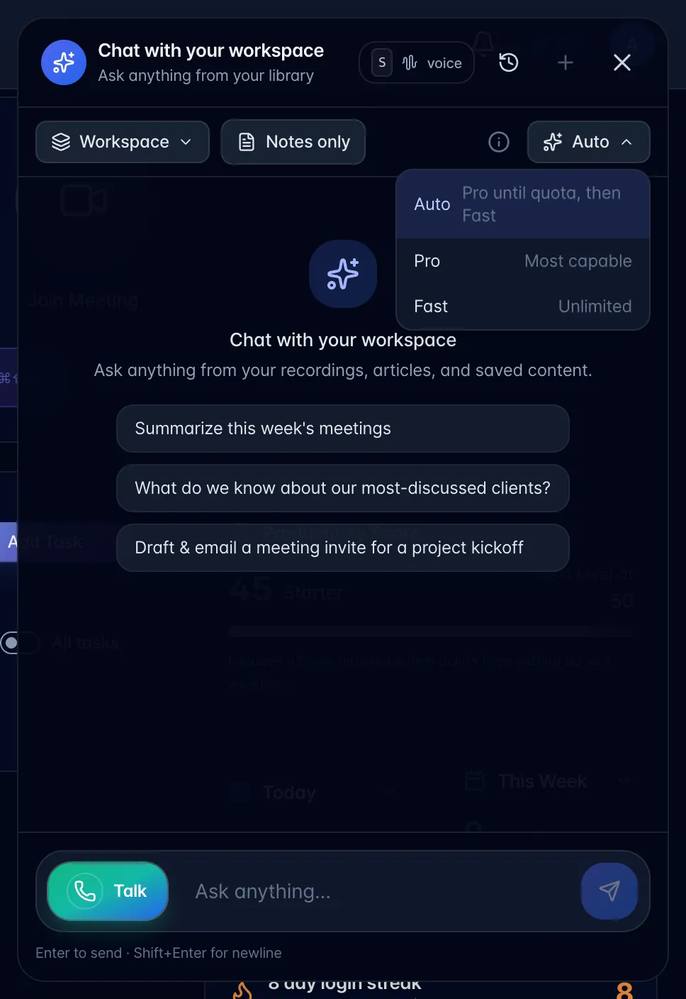 The workspace chat model picker open, listing Auto, Pro and Fast