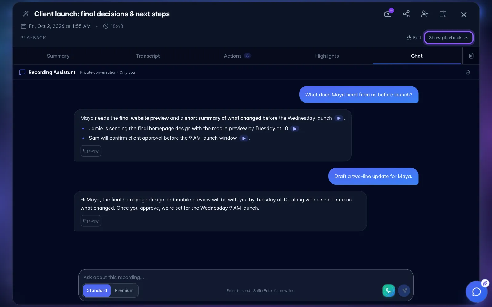 A recording open on the Chat tab with a private conversation, Show playback highlighted, and Standard, Premium, the phone button and Send inside the message box