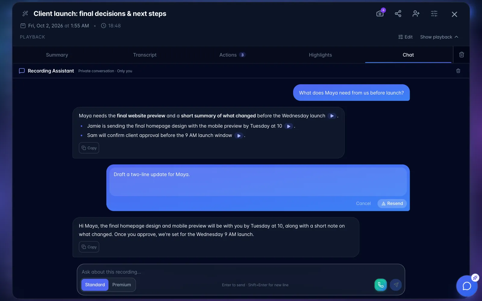 A sent message in edit mode in recording chat, with Cancel and Resend buttons
