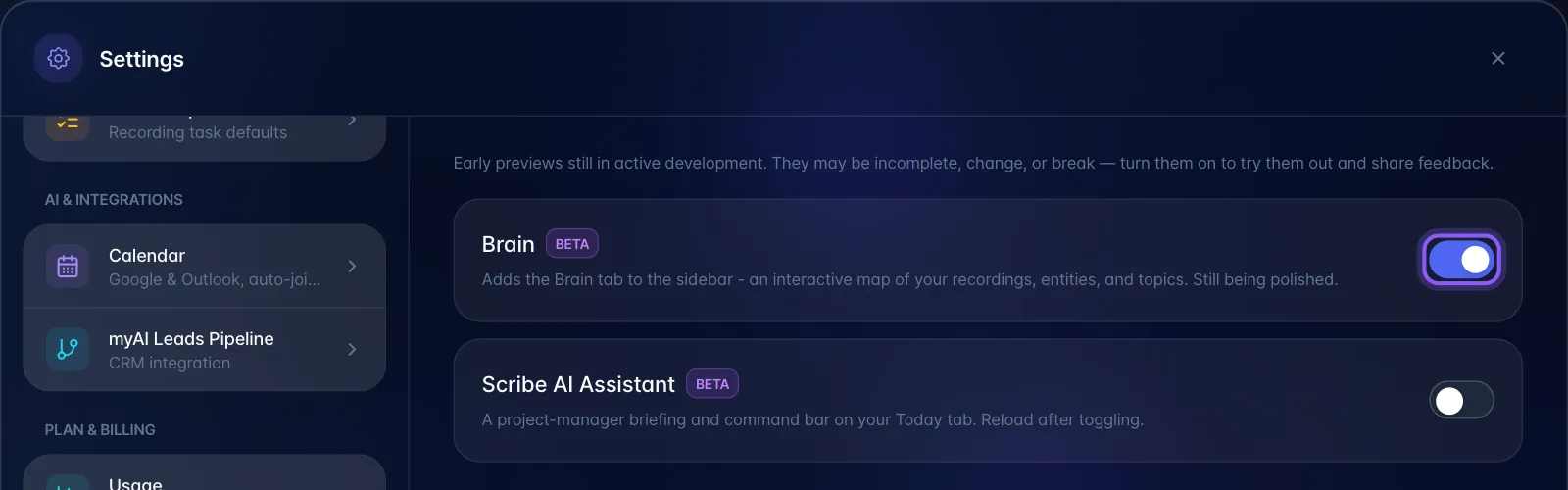 Settings, Experimental Features, with the Memory beta switch highlighted