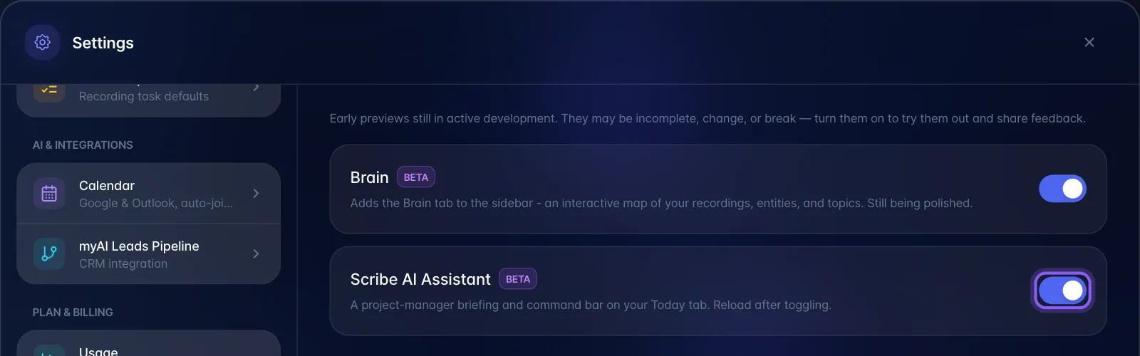 Settings, Experimental Features, with the Scribe AI Assistant switch turned on and highlighted