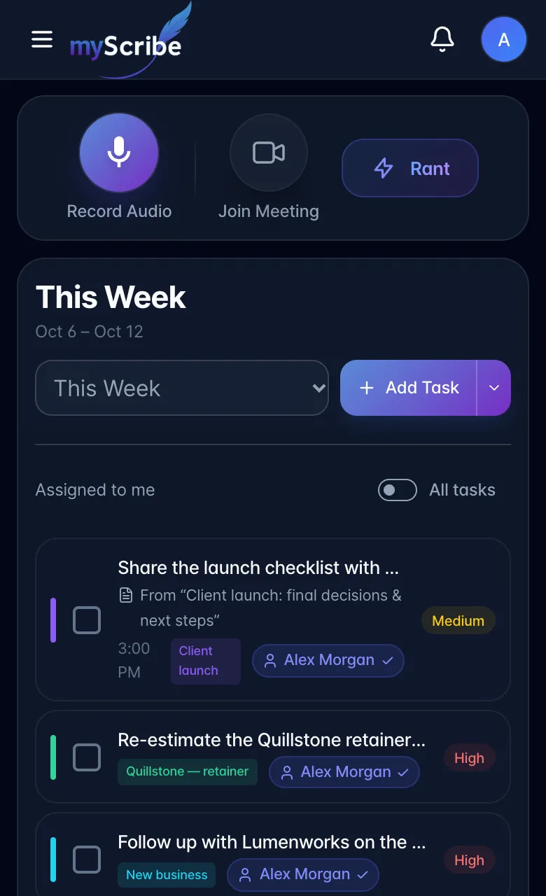 Today on a phone, set to This Week, with Add Task, the Assigned to me label and the All tasks switch above the task list
