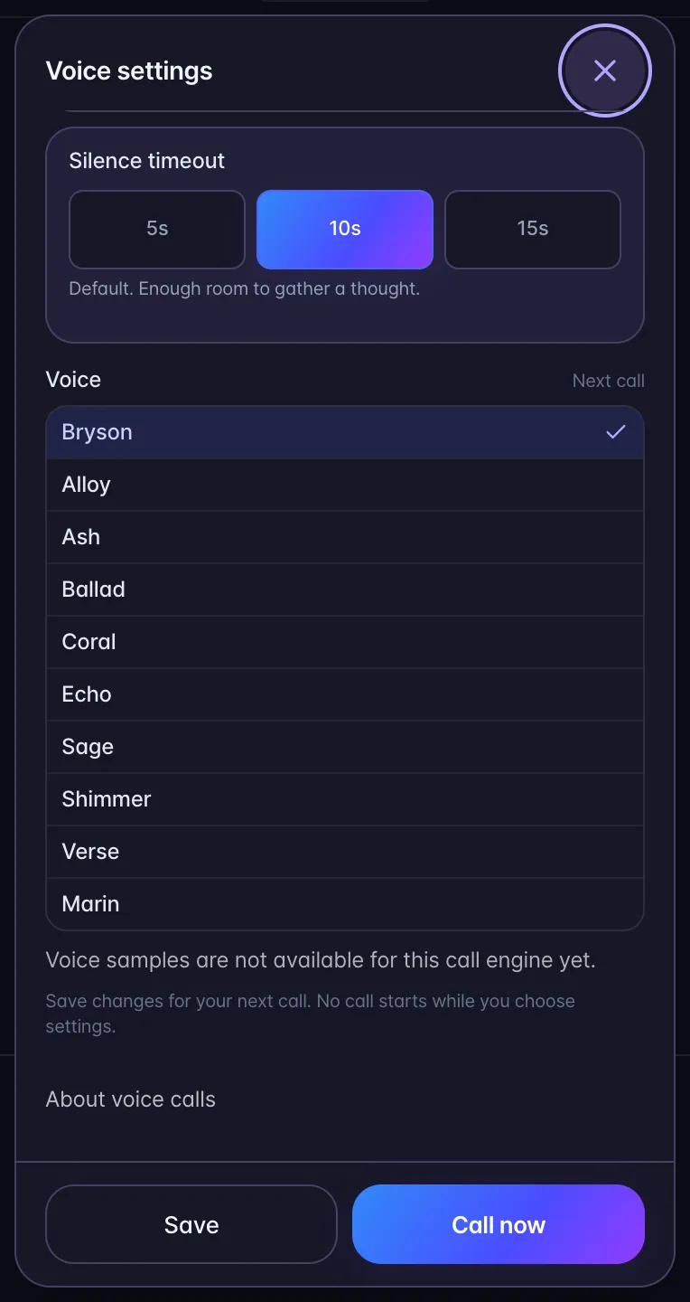 Voice settings with Bryson first in the OpenAI voice list