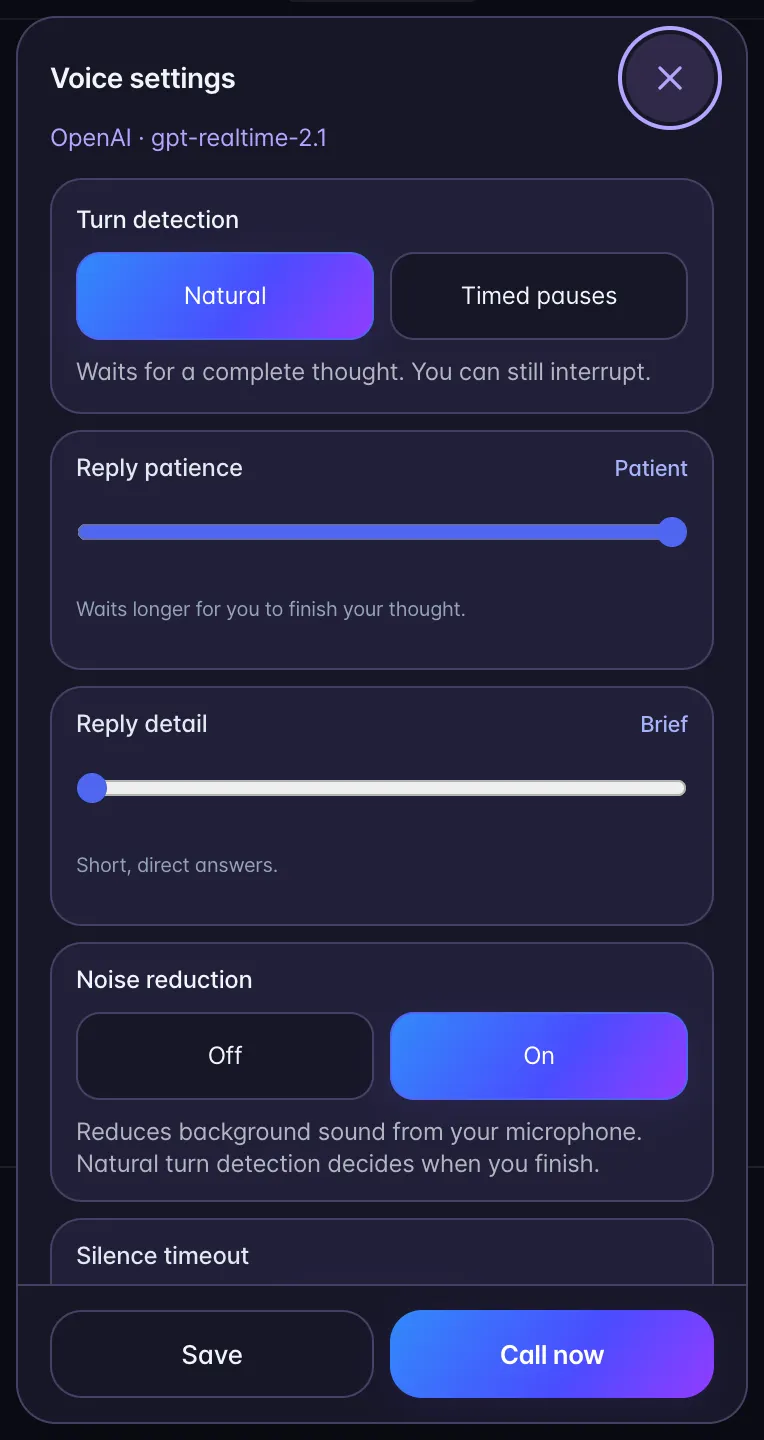 Voice settings on a phone with Natural turn detection, Reply patience and compact Save and Call now buttons