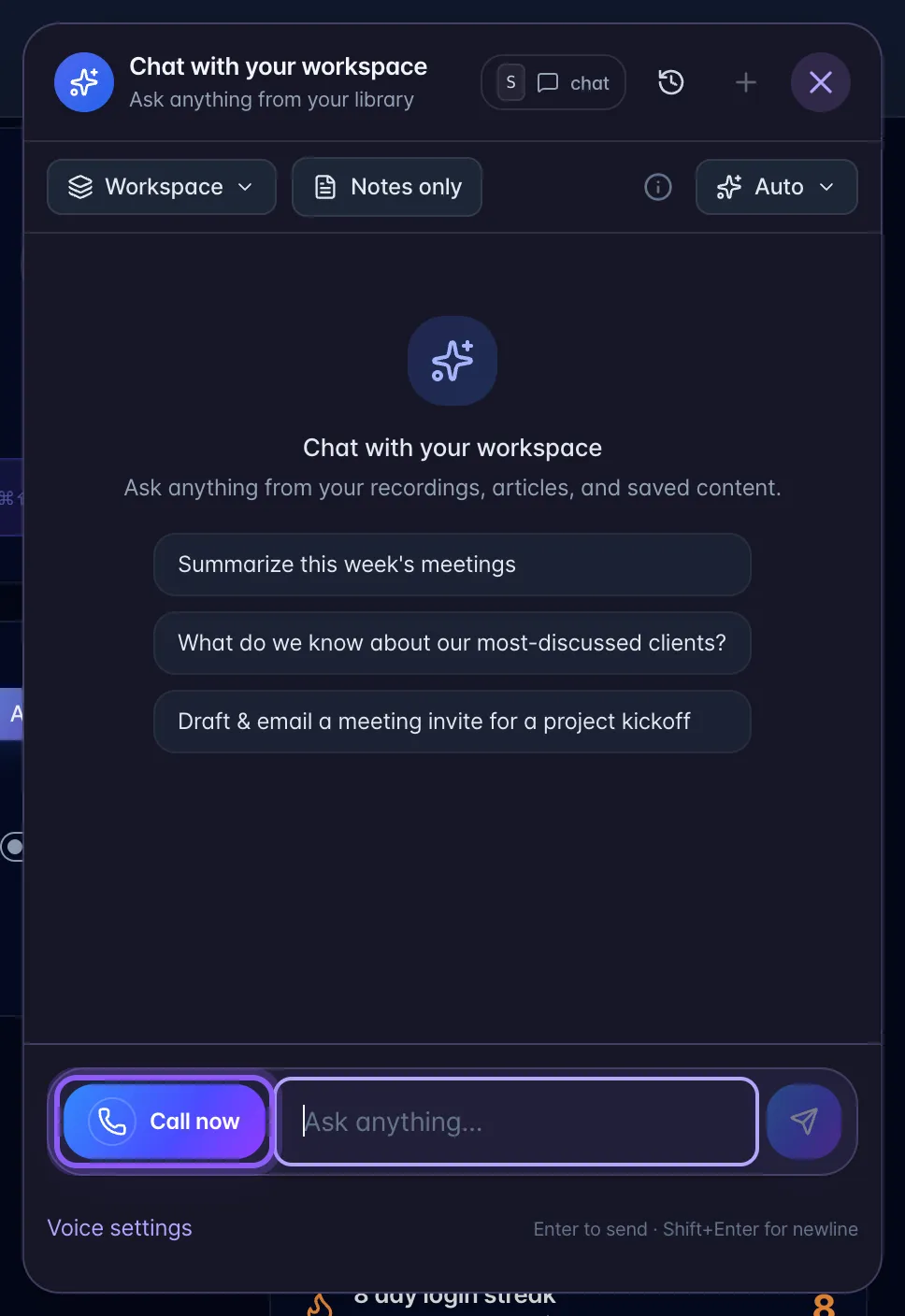 The workspace chat panel with the Call now button highlighted beside the message box