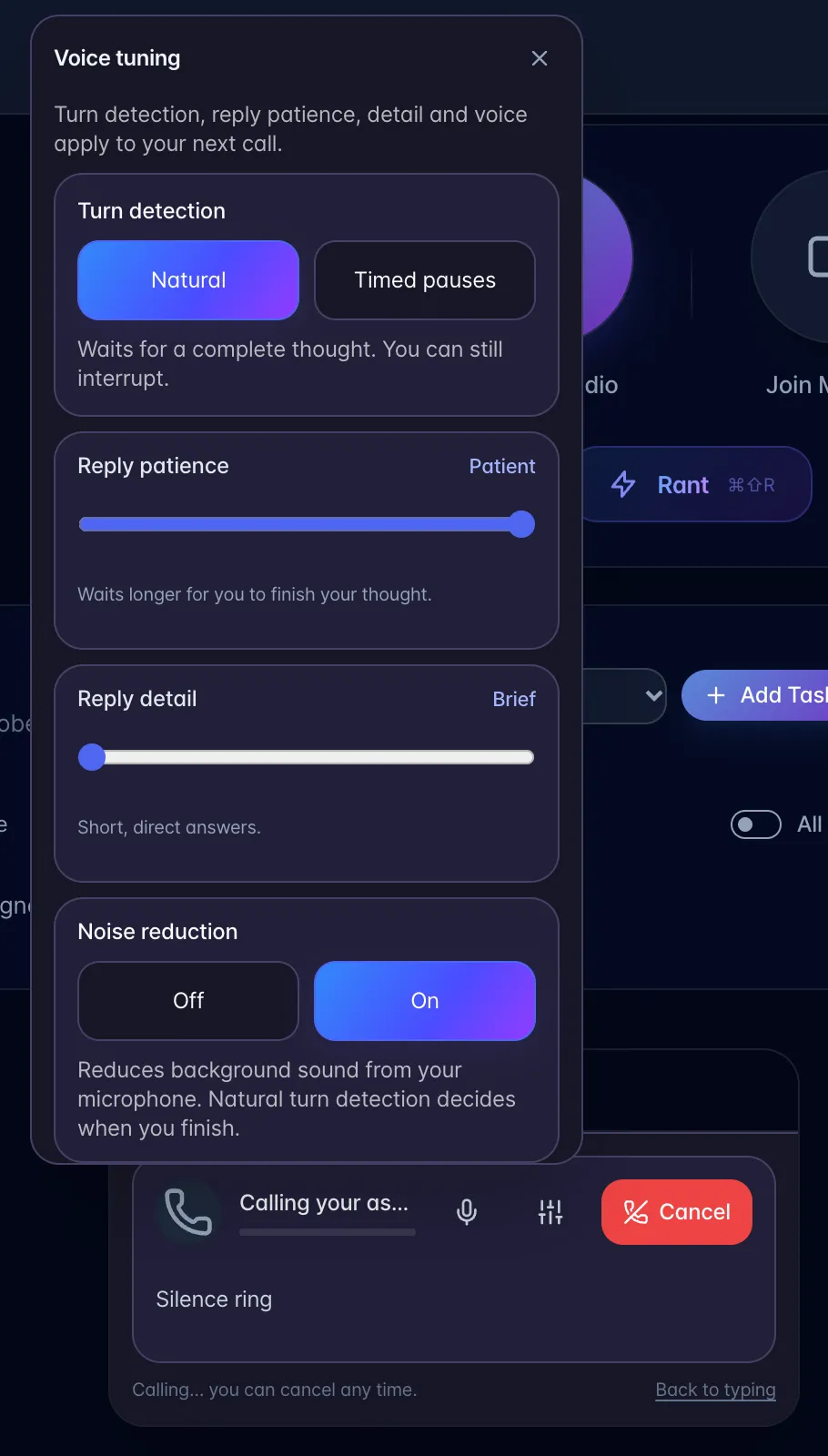The expanded call panel with Reply patience, Reply detail, noise controls, Silence timeout and voices