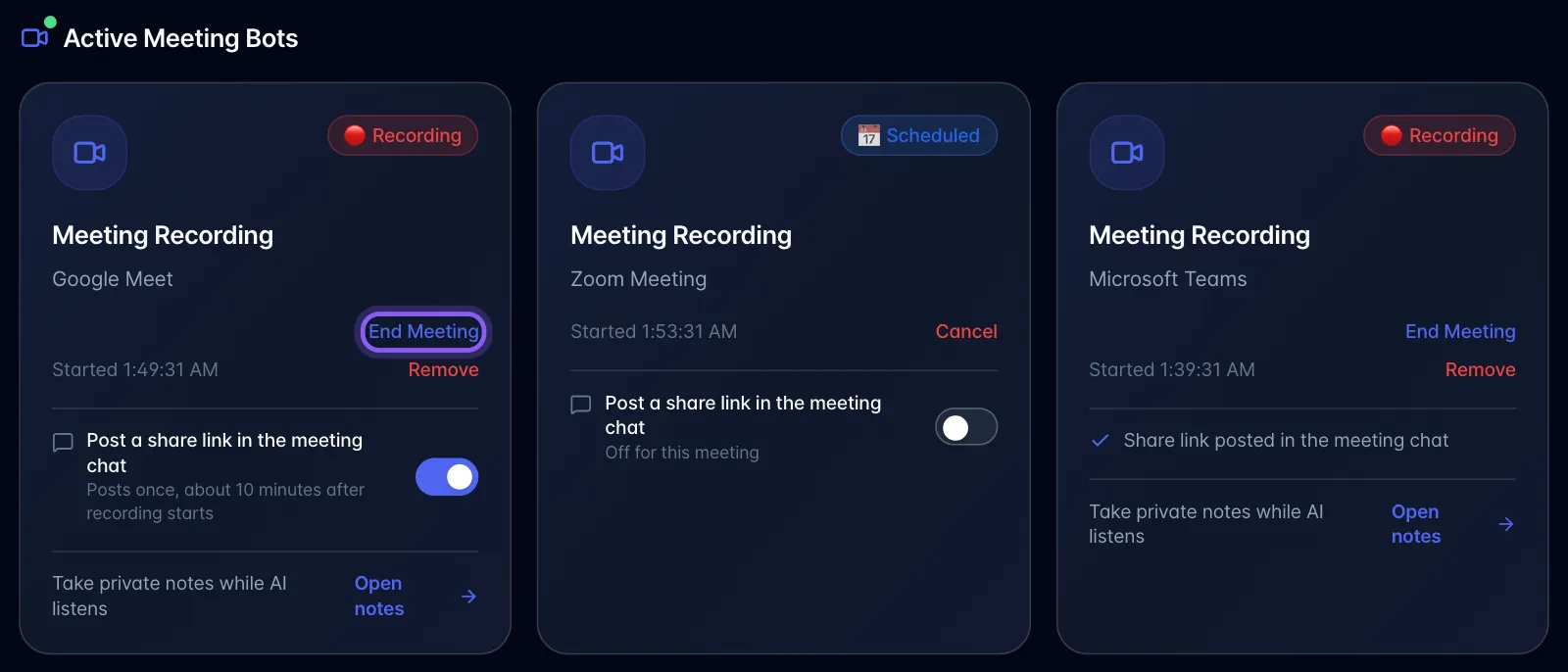 Active Meeting Bots cards in Library: Google Meet and Microsoft Teams bots marked Recording and a Zoom bot marked Scheduled, with End Meeting highlighted