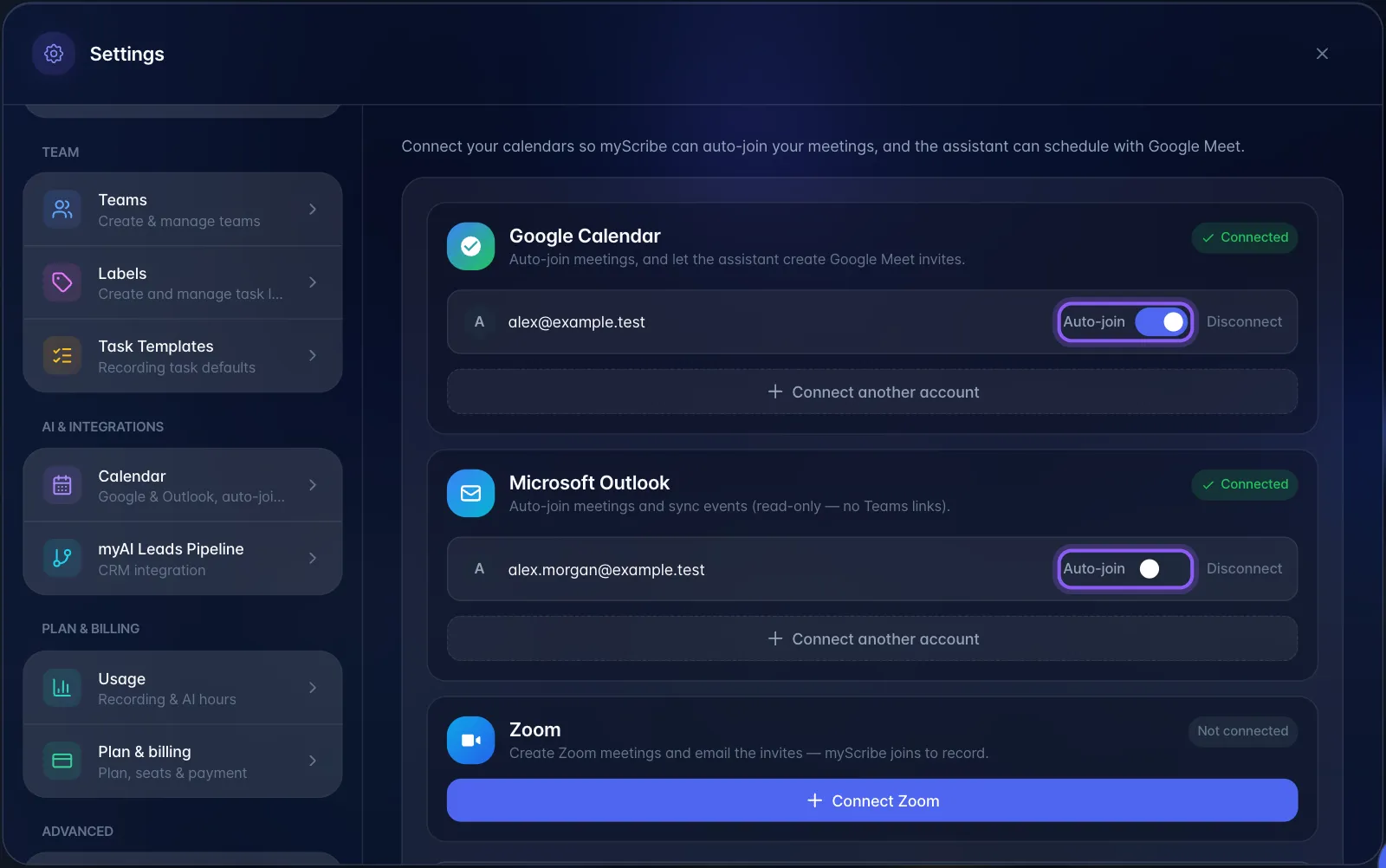 Settings → Calendar with a connected Google Calendar and Microsoft Outlook account, each with its Auto-join toggle highlighted, and Connect another account buttons