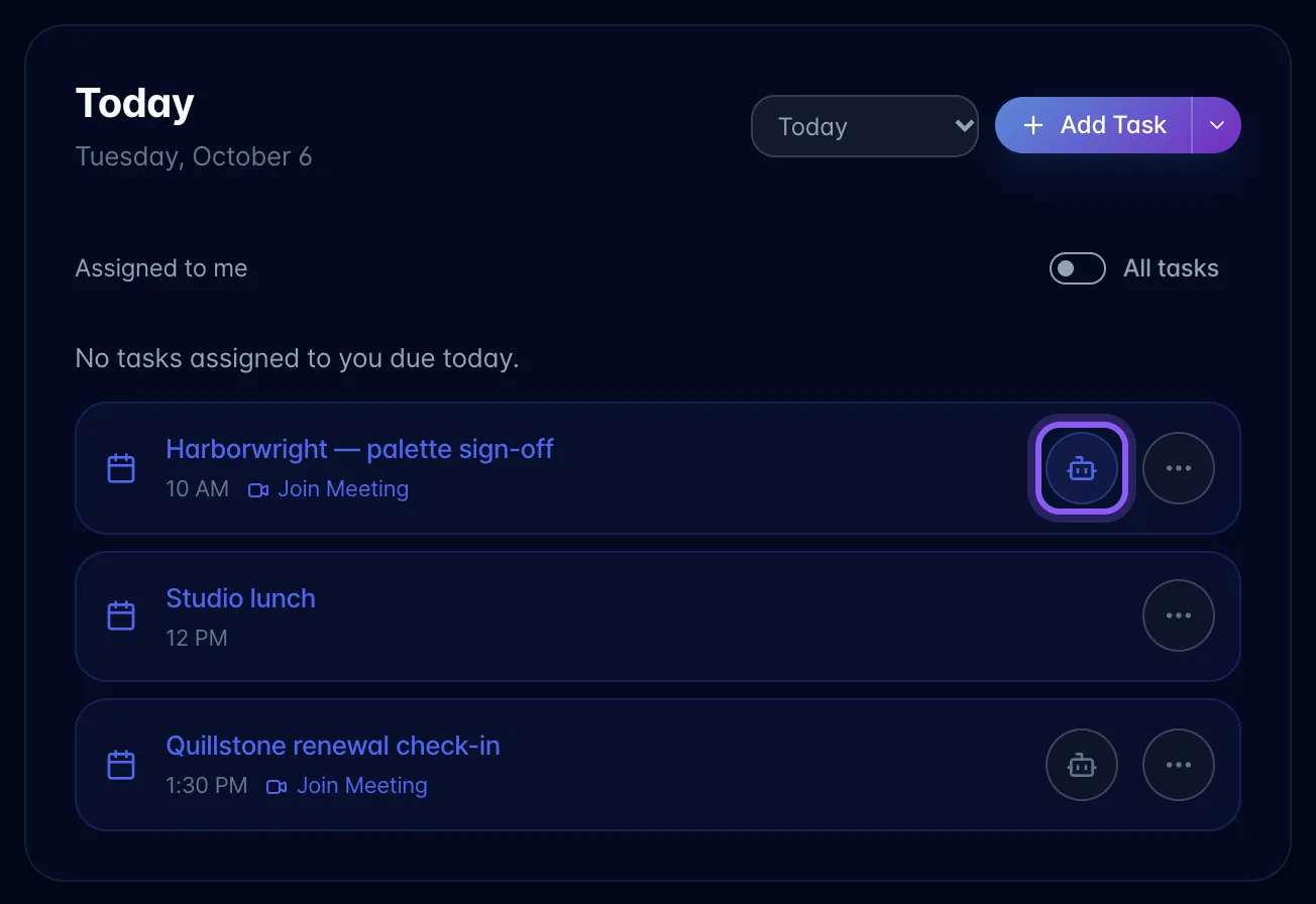 Today view listing calendar meetings; the robot icon on a meeting with a video link is highlighted and filled because myScribe will join it