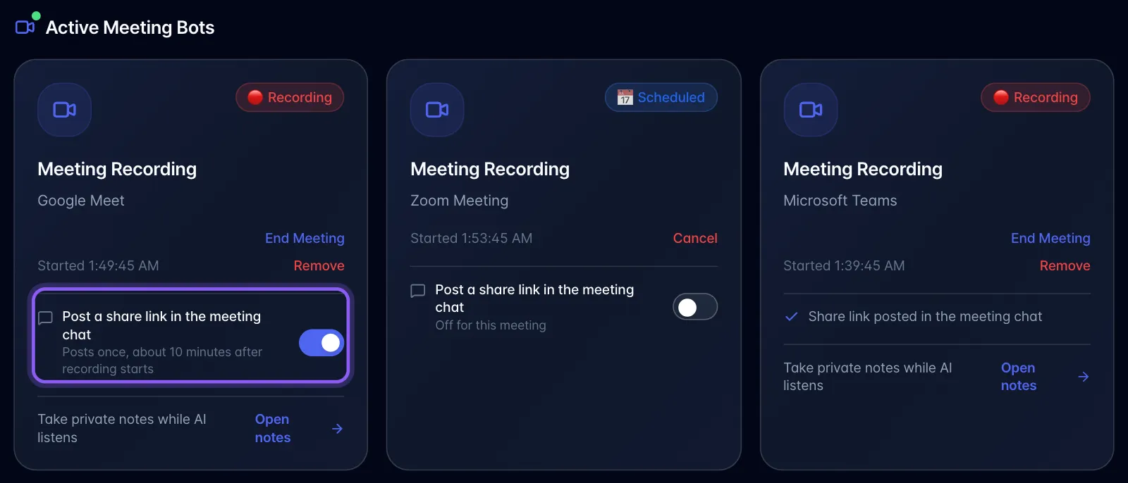 Active Meeting Bots cards: the switch on, the switch off for a scheduled meeting, and a card showing Share link posted in the meeting chat