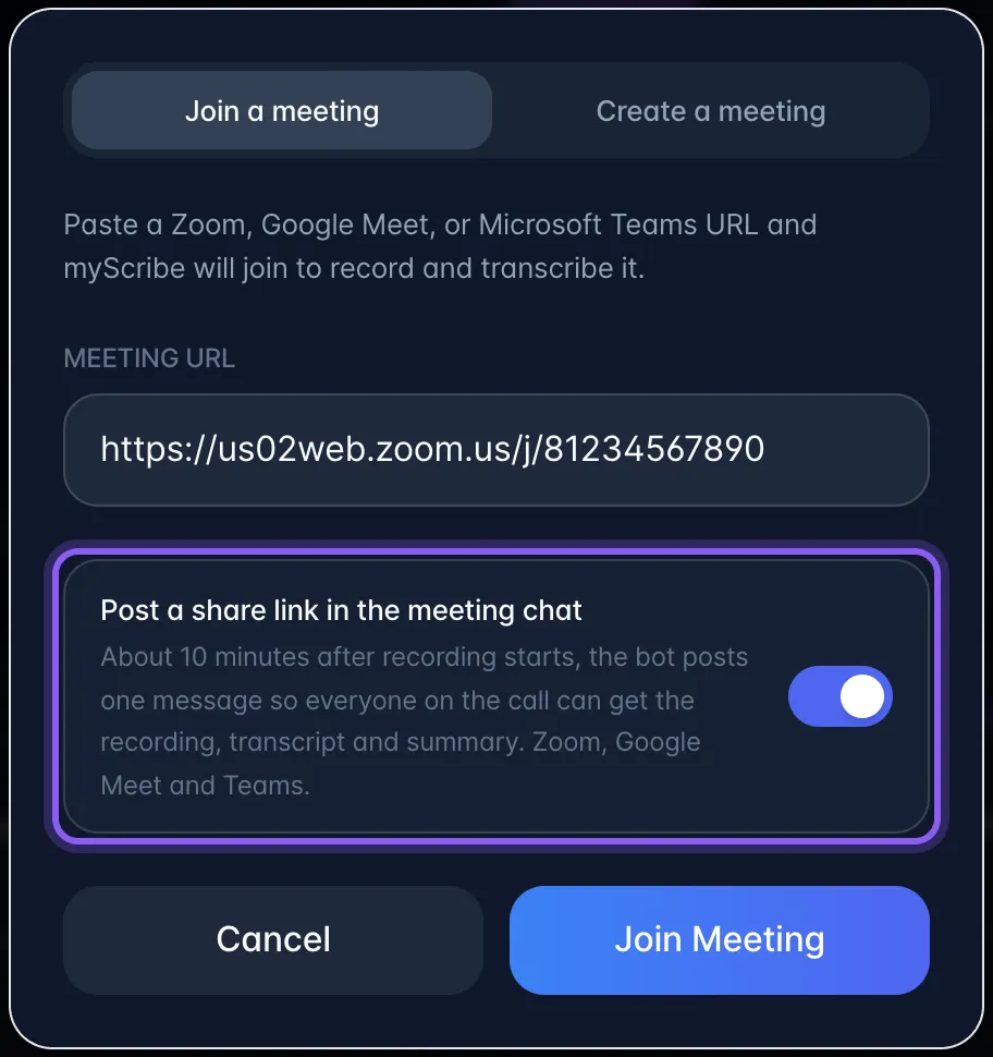 The Join Meeting window with a Zoom link pasted and the Post a share link in the meeting chat switch highlighted