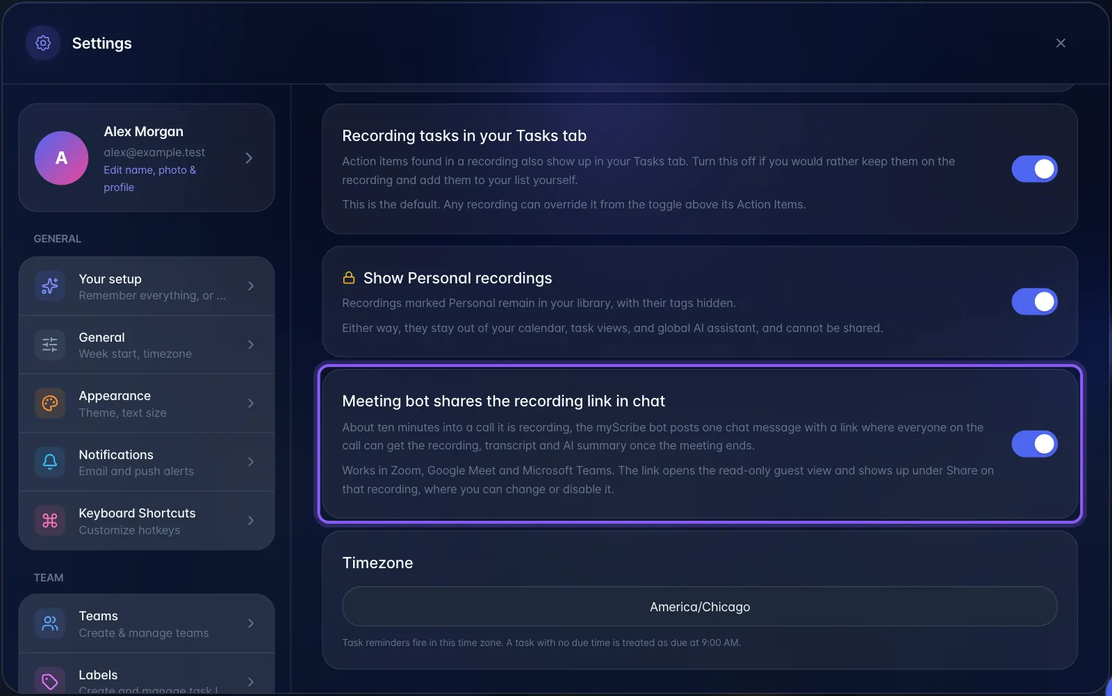 Settings → General with the Meeting bot shares the recording link in chat switch highlighted