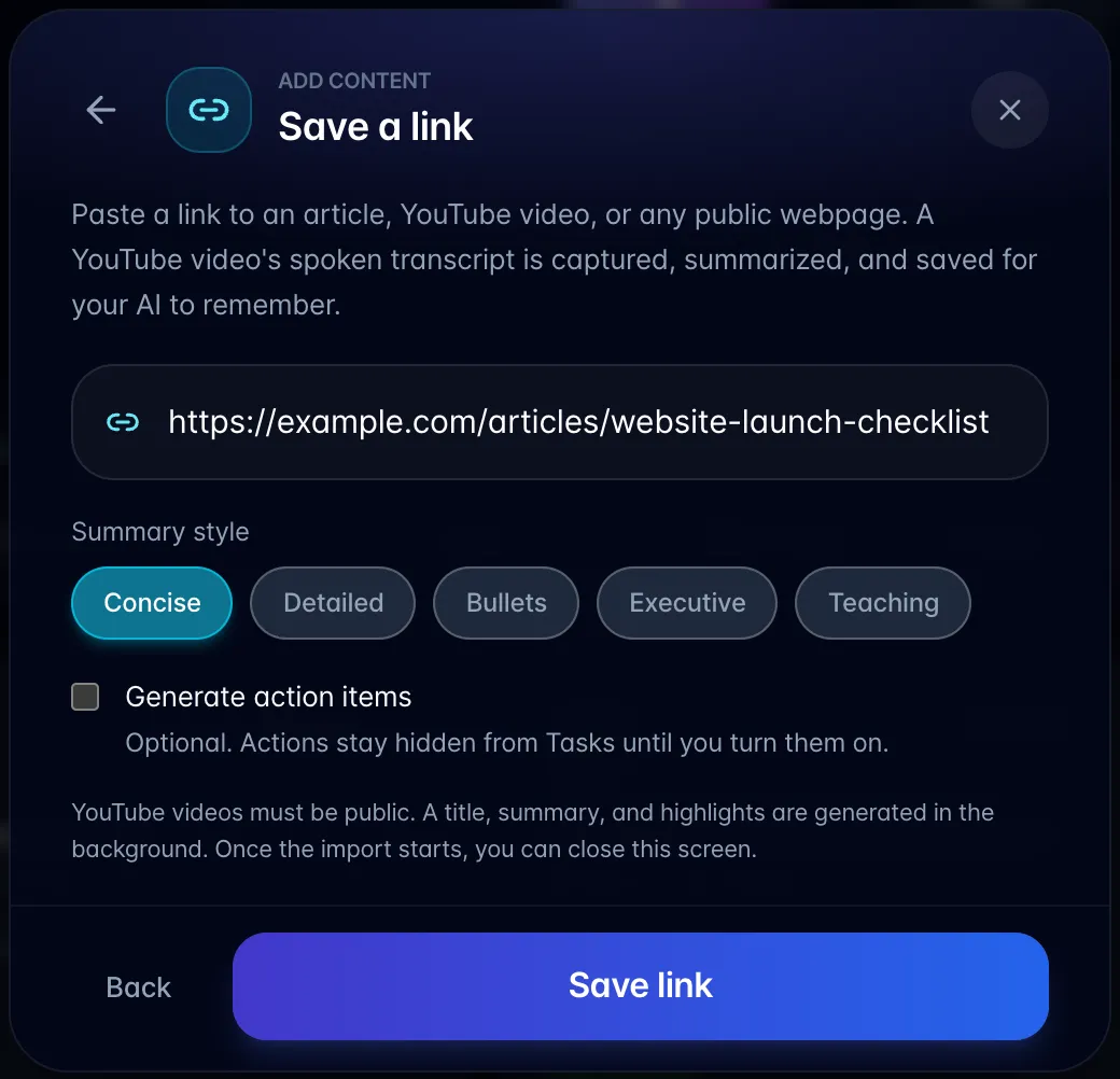 The Save a link screen with an article address pasted, Summary style set to Concise, the Generate action items option and the Save link button