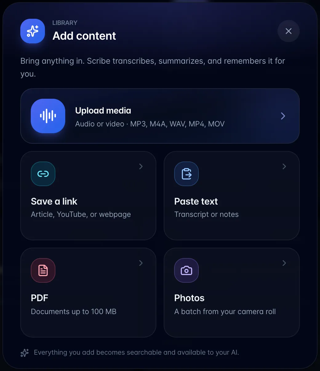 The Add content sheet: Upload media at the top, then Save a link, Paste text, PDF and Photos tiles