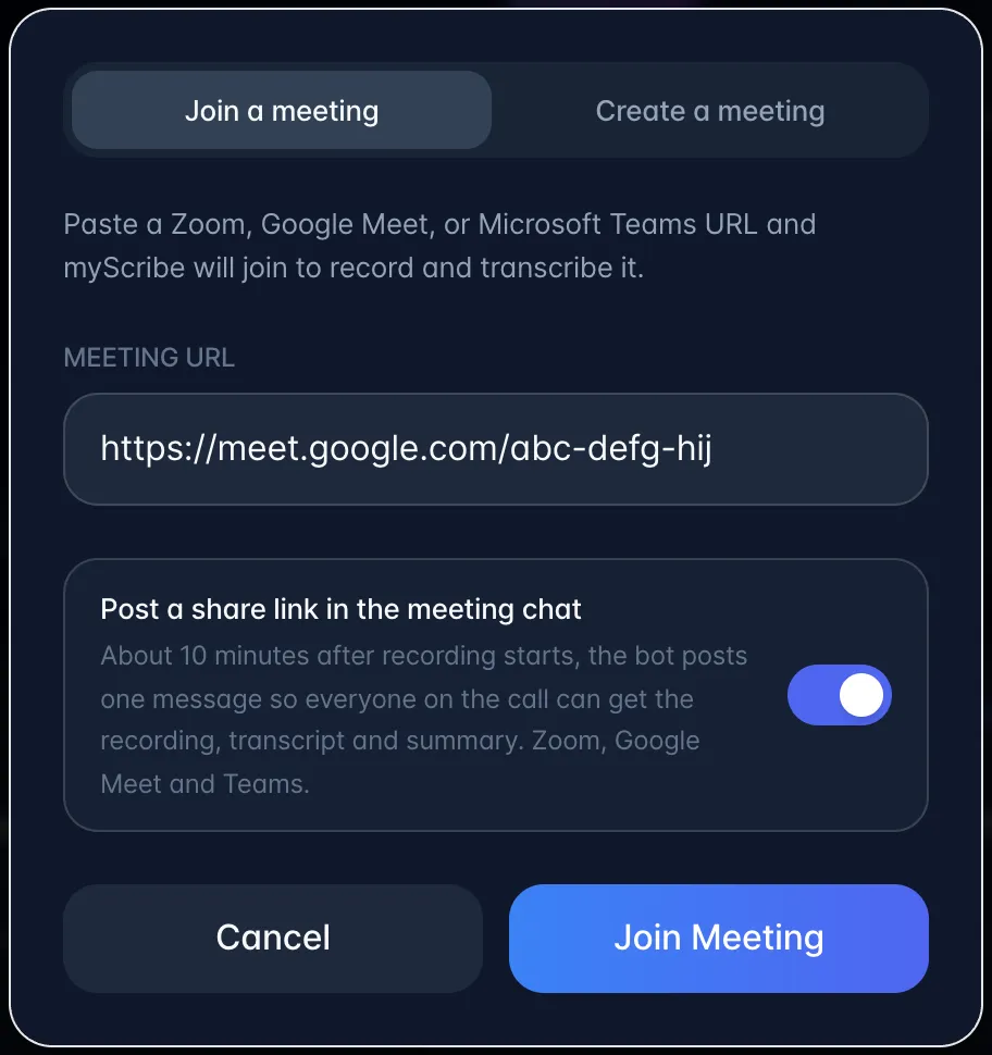 The Join Meeting window on the Join a meeting tab, with a Google Meet link pasted, the Post a share link in the meeting chat switch, and the Join Meeting button