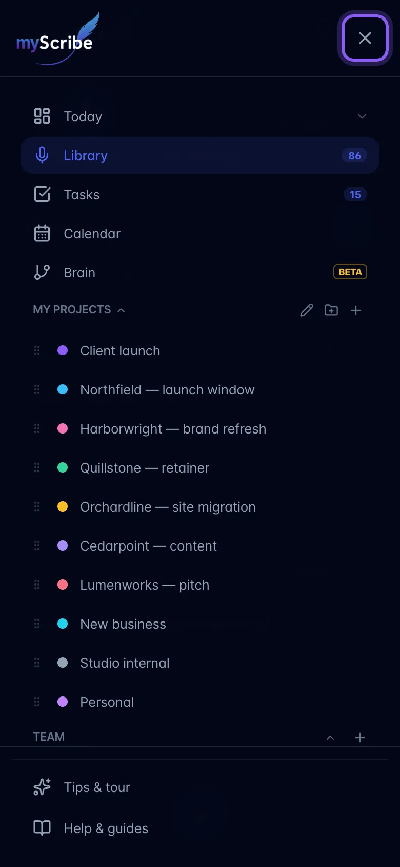 The phone sidebar slid open, with the Close menu button highlighted in the top-right corner