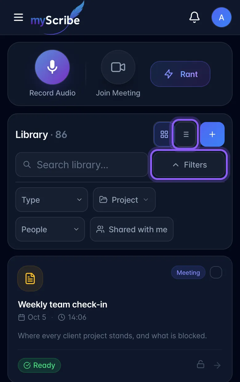 Library on a phone with Filters expanded (Type, Project, People, Shared with me) and the List view button highlighted