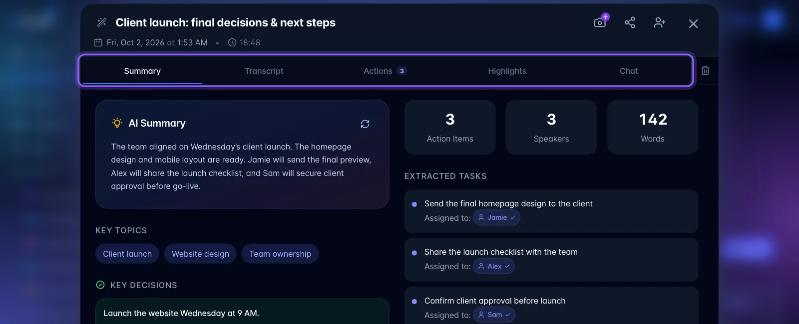 An open recording with its tabs highlighted: Summary, Transcript, Actions, Highlights and Chat