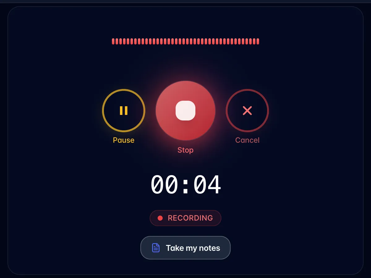 A recording in progress: level meter, Pause, Stop and Cancel buttons, the running timer and a RECORDING badge