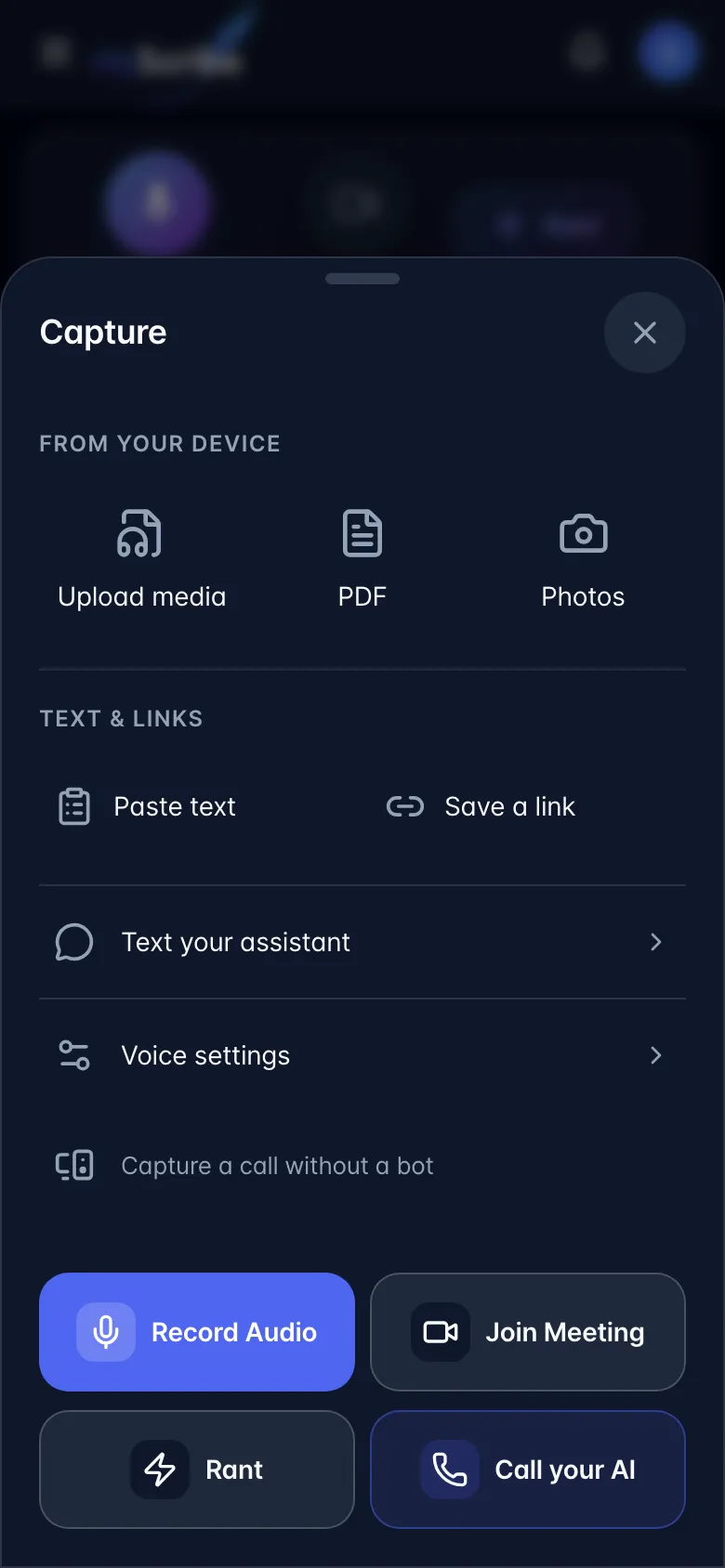The phone capture sheet opened from the centre microphone button