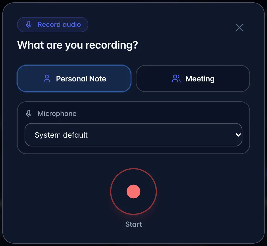 The recording setup window titled "What are you recording?" with the Personal Note and Meeting toggle, Microphone picker and Start button