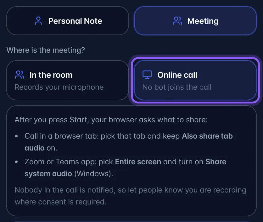 Recording setup with Meeting chosen and the Online call option highlighted, above the browser sharing instructions