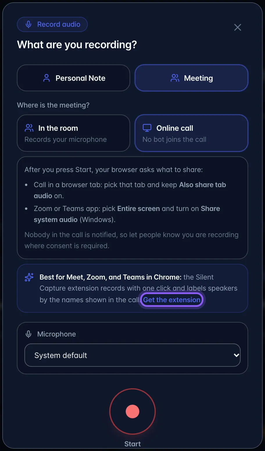 Recording setup with Meeting and Online call selected and the Get the extension link highlighted