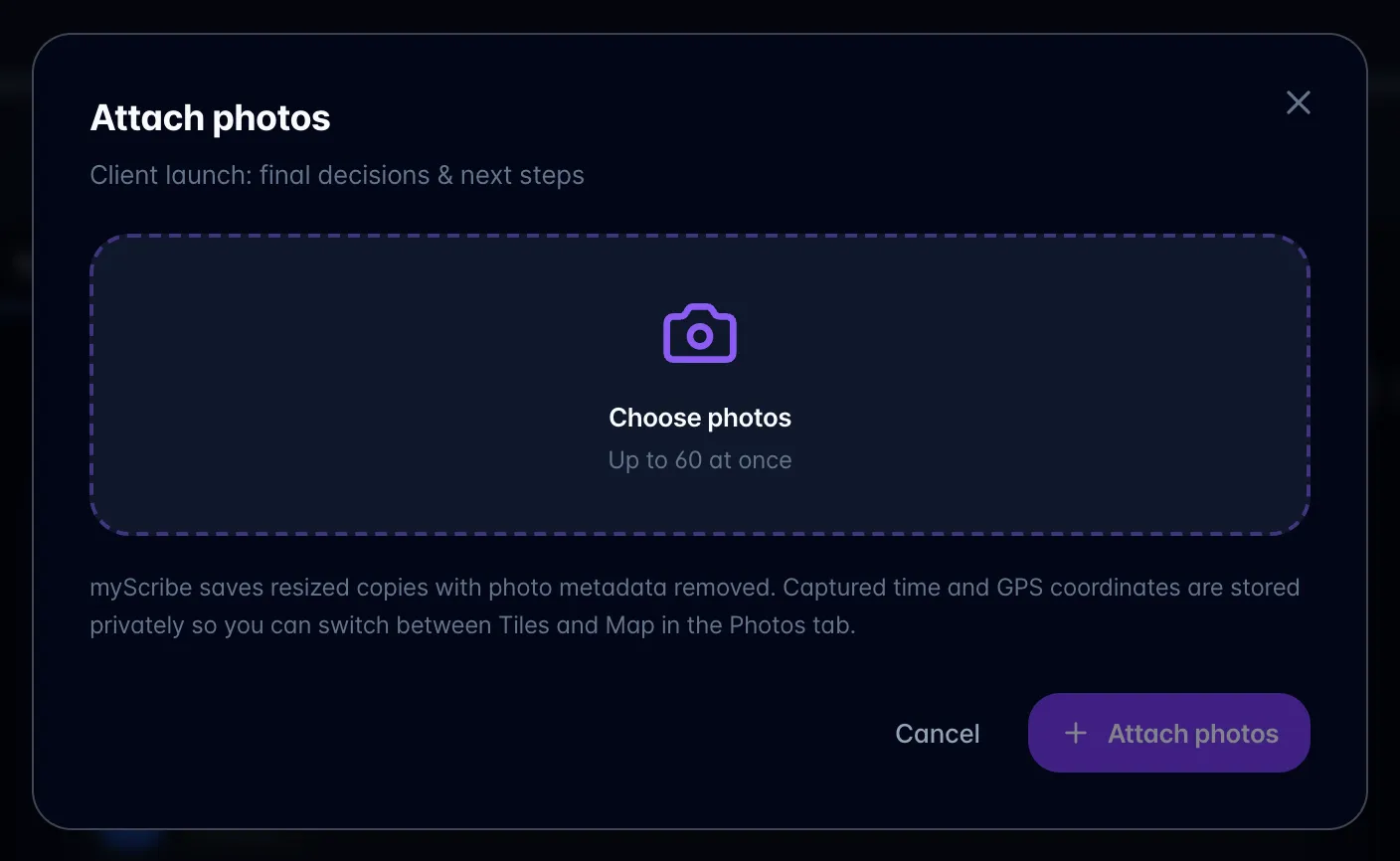 Attach photos dialog with a Choose photos drop area (up to 60 at once), Cancel and Attach photos buttons