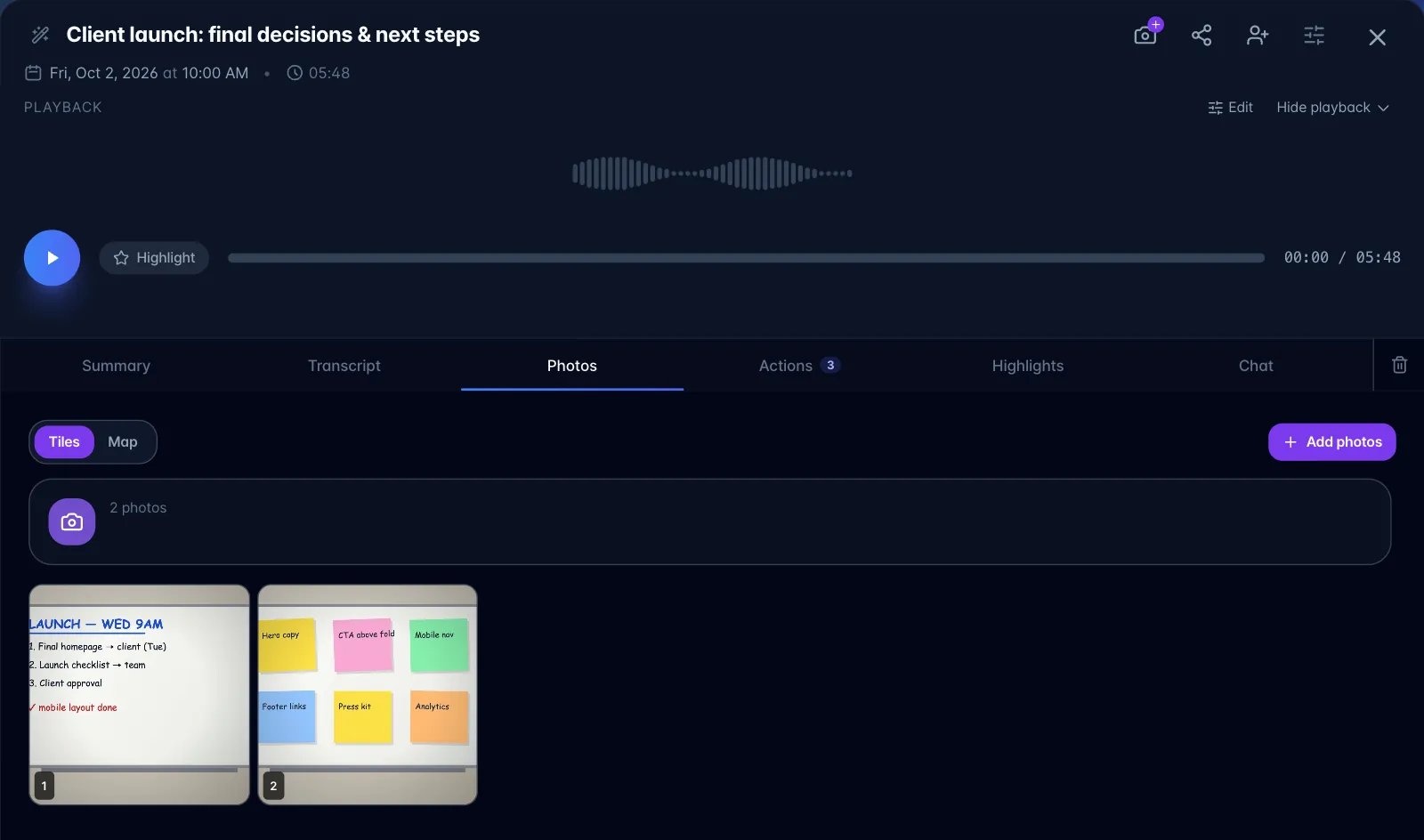 Photos tab of a recording showing the Tiles and Map switch, an Add photos button and two attached whiteboard photos