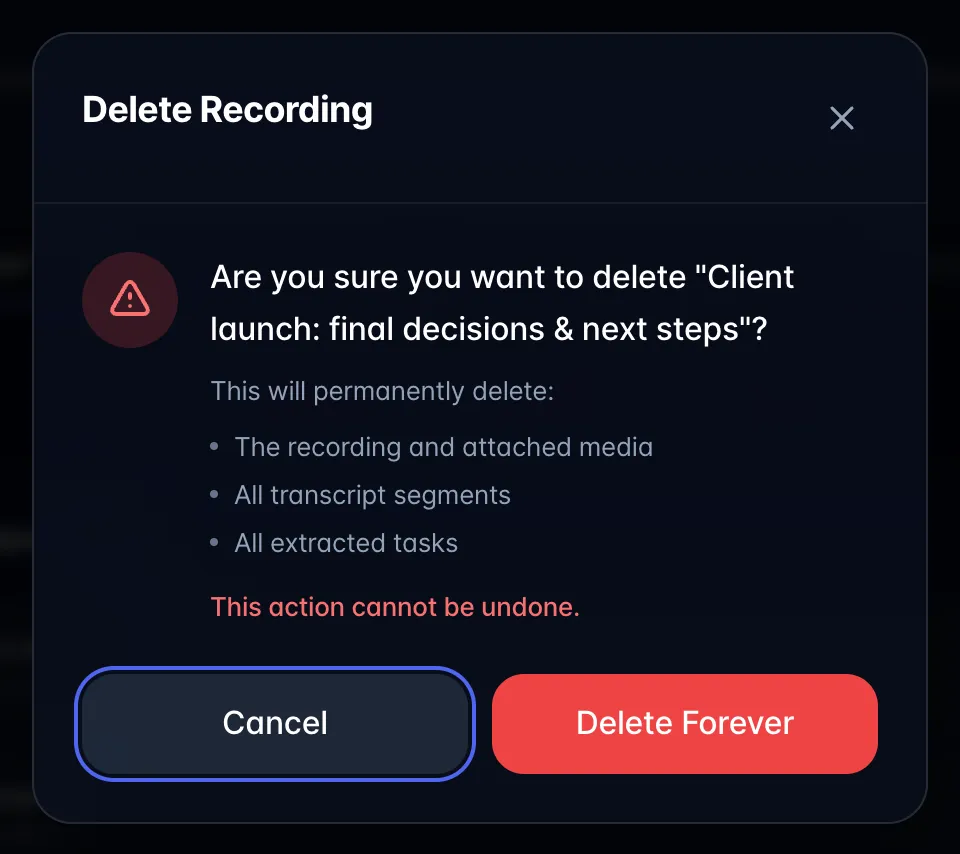 Delete Recording confirmation listing what will be deleted, the warning This action cannot be undone, and Cancel and Delete Forever buttons