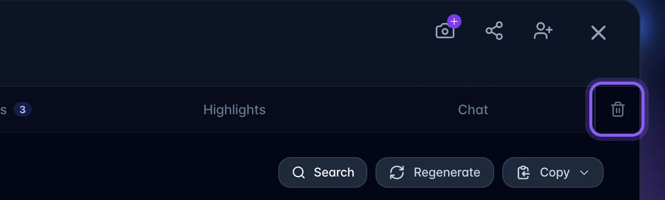 Recording header and tab bar with the trash icon at the far right of the tabs highlighted