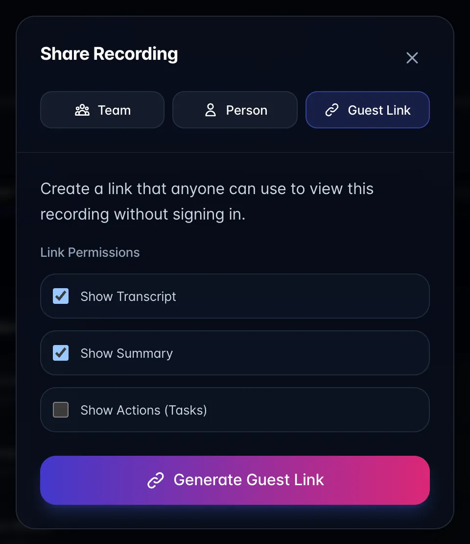 Share Recording dialog on the Guest Link tab with Link Permissions checkboxes (Show Transcript, Show Summary, Show Actions (Tasks)) and a Generate Guest Link button